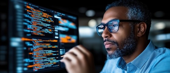 Focused programmer analyzing code on a modern computer screen, showcasing technology and innovation in a creative workspace.
