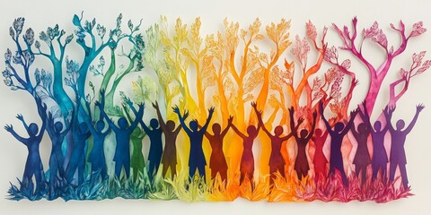 Vibrant paper cut of a diverse community celebrating unity, showcasing harmony through color and creativity, emphasizing togetherness.
