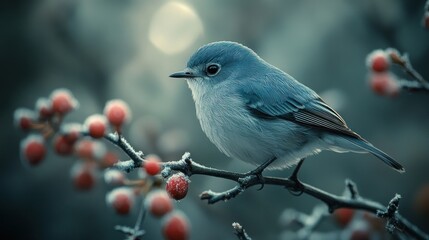 Fototapeta premium A small blue bird perched on a branch with red berries, with a soft, blurred background.