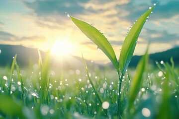 Fresh green grass with dew drops illuminated by the morning sun, creating a serene and vibrant nature scene.