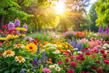 Fototapeta premium A blooming flower garden with colorful flowers and lush greenery on a sunny day, landscaping, parks, botanicals, blooming flowers
