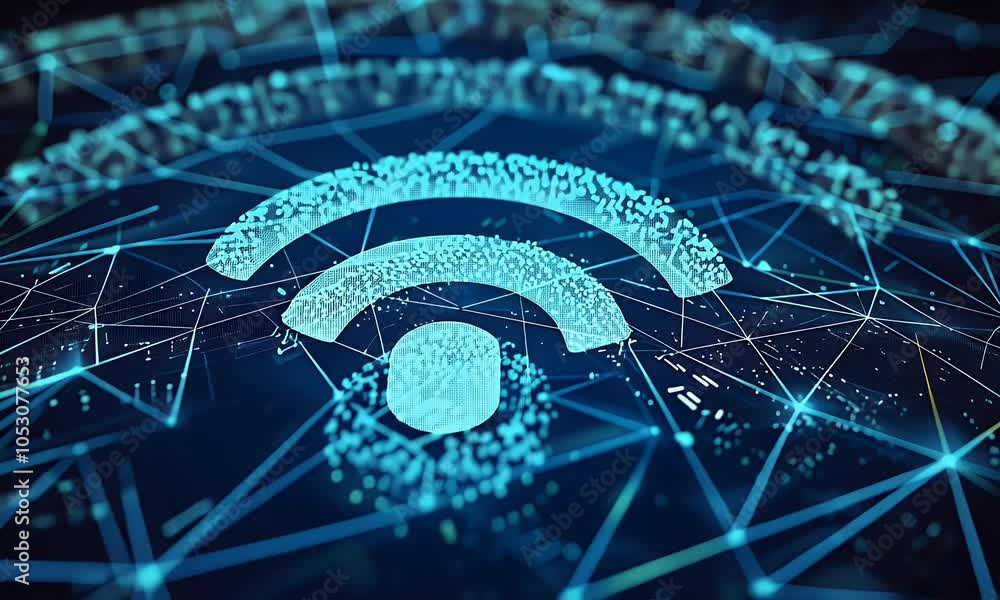 Poster 3d render of a blue connection symbol on a digital background, a technology concept with a wireless 