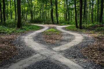 Forked dirt path in a green forest under bright daylight. Decision and nature exploration concept for backgrounds and travel design.