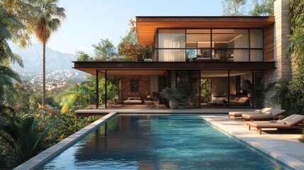 Fototapeta premium Modern house with pool surrounded by lush greenery and mountains.