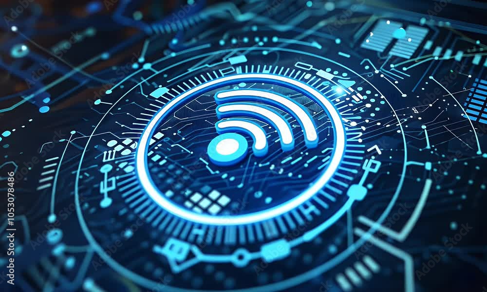 Poster 3d render of a blue connection symbol on a digital background, a technology concept with a wireless 