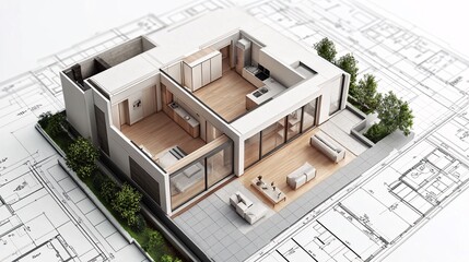 3D Model of Modern House on Blueprint Background