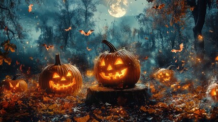 Naklejka premium a spooky Halloween featuring several carved pumpkins, each with menacing faces illuminated from within. The pumpkins are arranged on a wooden stump, surrounded by fallen autumn leaves.