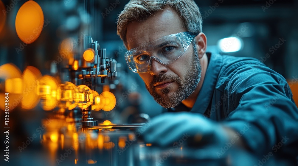 Poster engineer working in a laboratory with machinery and glowing lights.