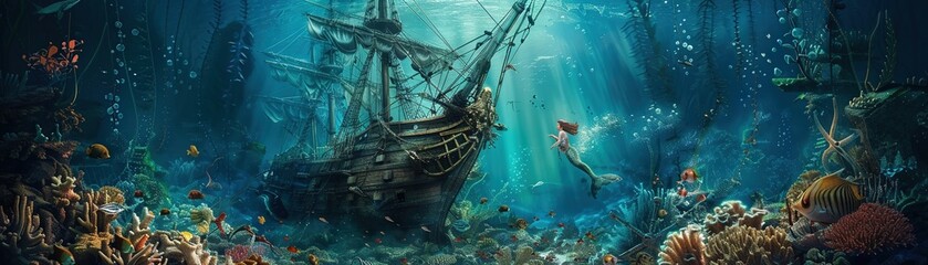 Fototapeta premium An underwater scene capturing the moment a mermaid discovers a sunken pirate ship filled with treasures