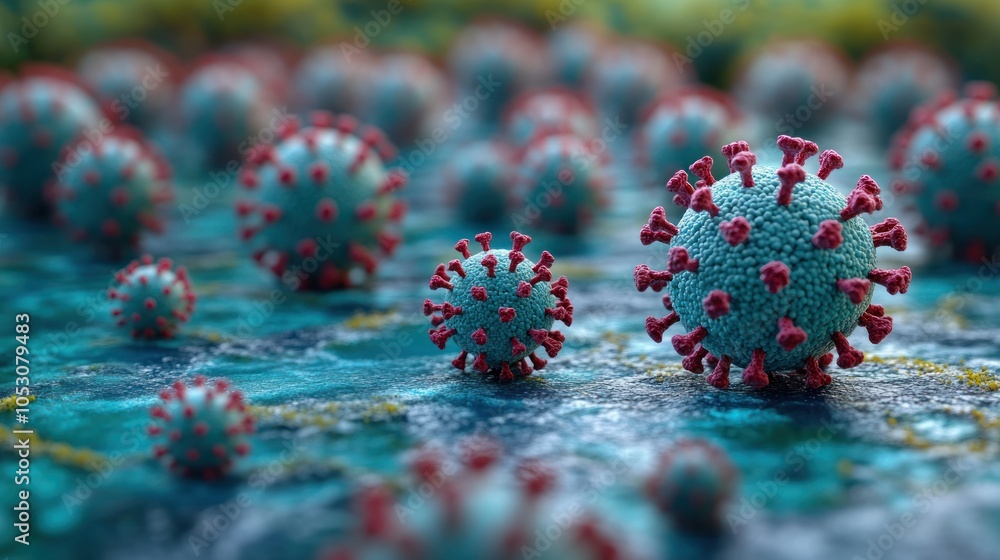 Poster close-up view of virus particles on a surface.