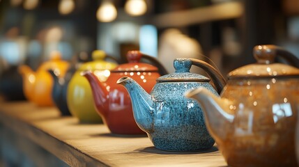 A row of colorful teapots.