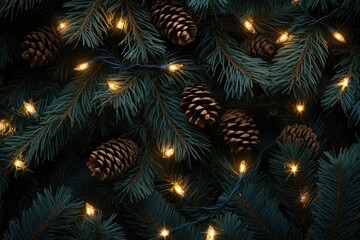 Fototapeta premium Above view on pine tree branches with Christmas fairy lights and cones