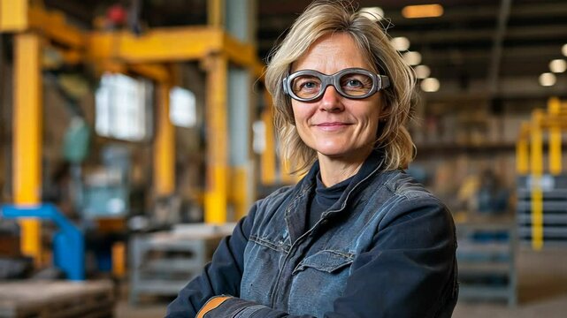 smiling middle age Caucasian technician woman with confident look smiling at warehouse 