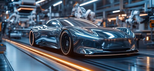 Obraz premium A shiny silver sports car moves along a conveyor belt in an industrial setting.