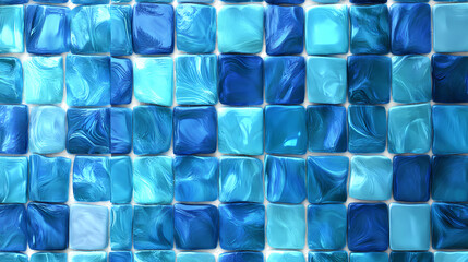 Seamless blue mosaic tile pattern, featuring a mix of light and dark blue squares, creating a vibrant and textured aquatic design. Ceramic Mosaic. Illustration