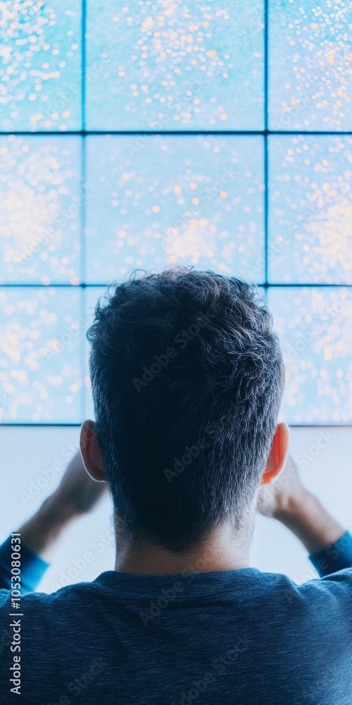 Aufkleber Young Man Analyzing Digital Weather Data on Multi-Screen Display in Modern Office
