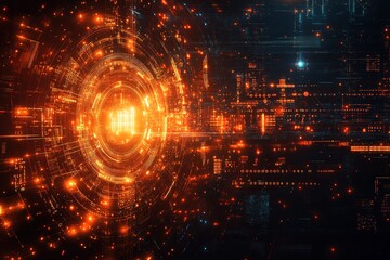 Abstract digital data flowing through glowing orange circular portal.