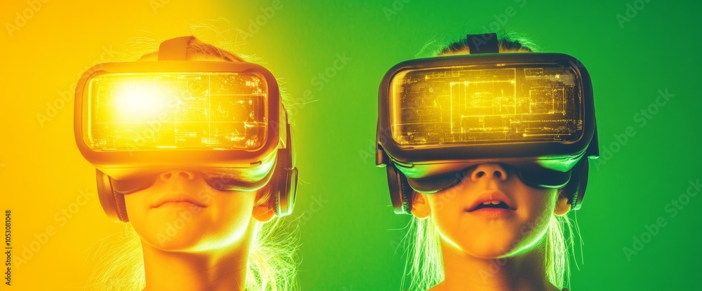 Poster children exploring augmented reality with vr headsets in vibrant setting
