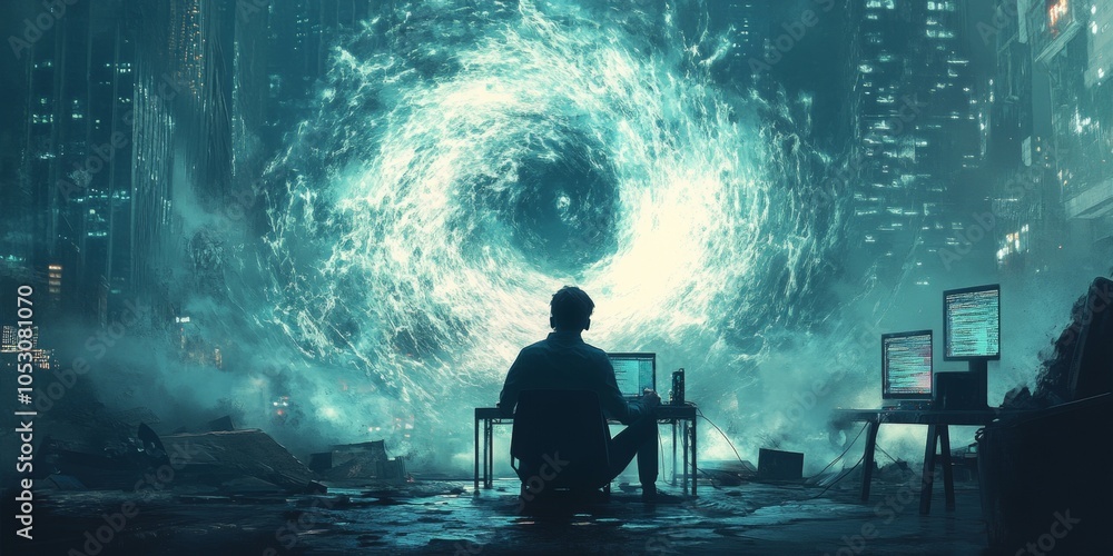 Poster hacker unleashing digital chaos in a dark tech environment, swirling virus storm enveloping screens 