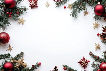 Festive Christmas frame with spruce  red & gold decorations.