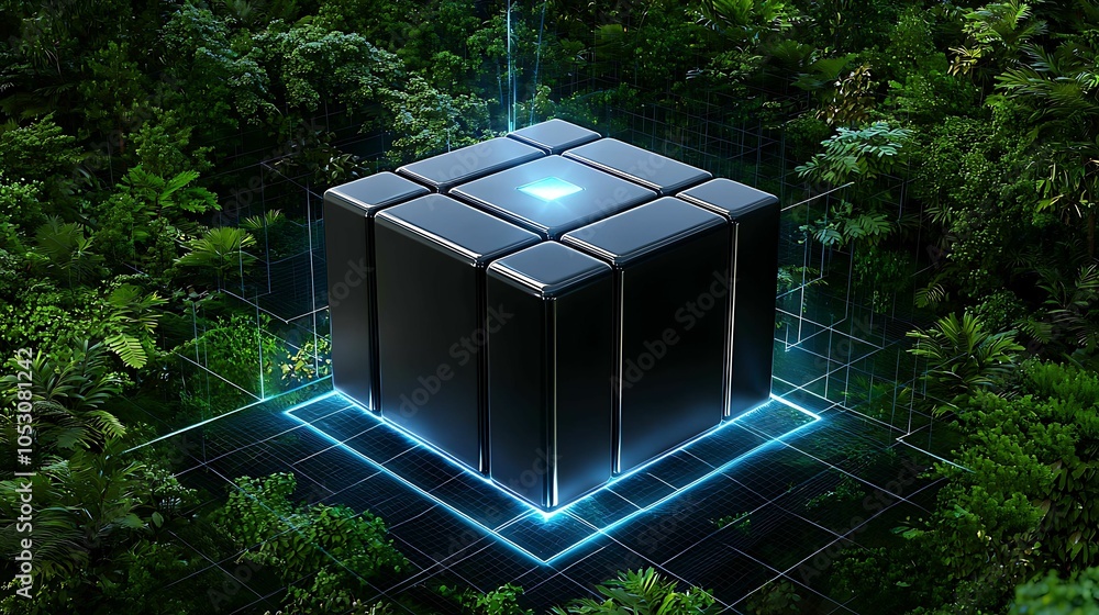 Aufkleber exploring the fusion of nature and technology a glimpse into a futuristic cube surrounded by lush gr