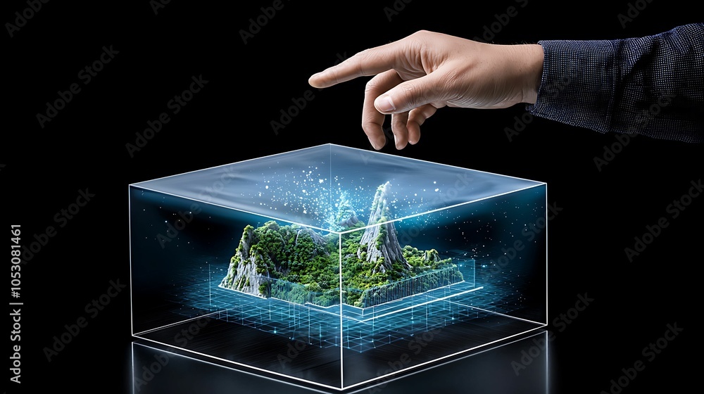 Poster exploring the boundaries of nature and technology a hand-interacting with a 3d landscape model in a 