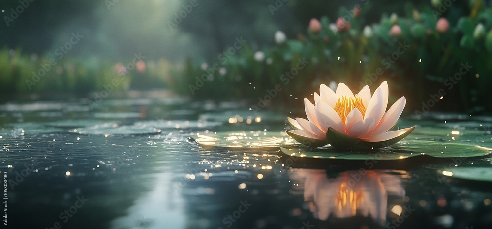 Poster a single water lily blossom floats serenely on a still pond, bathed in the soft glow of sunlight fil