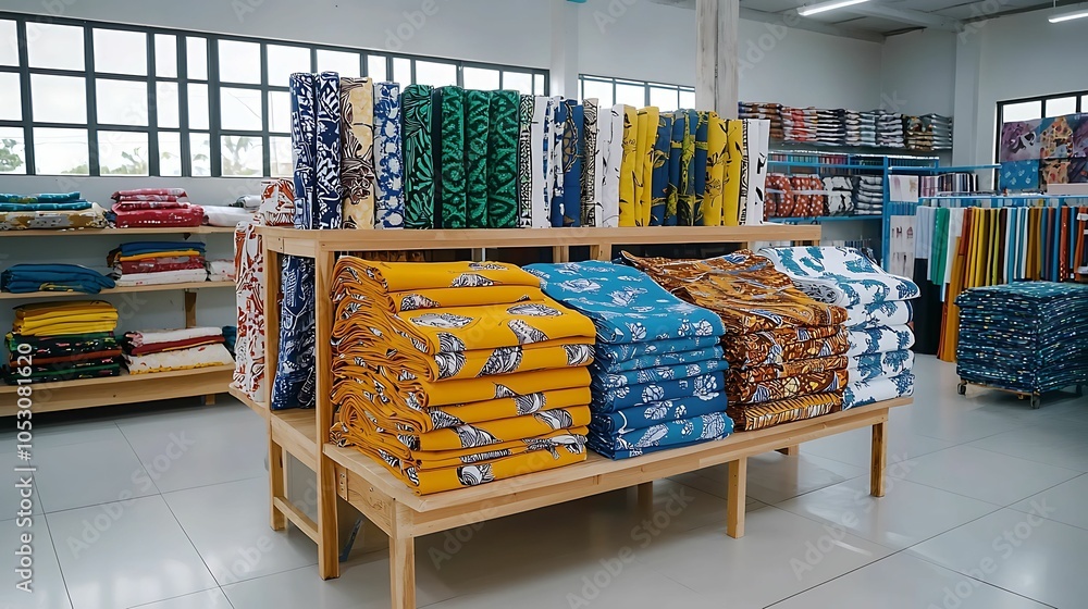Poster vibrant display of colorful fabrics showcasing unique patterns and textures in a creative retail env