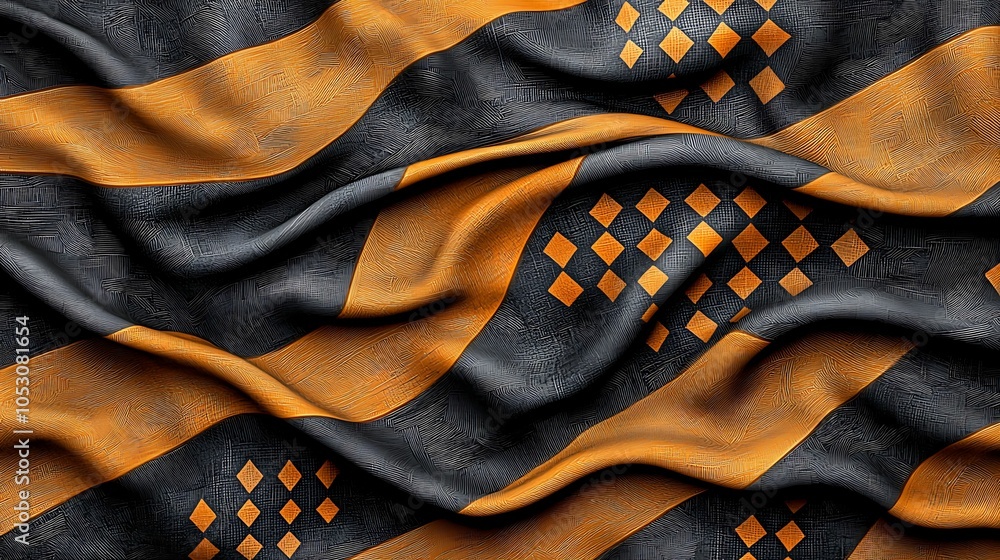 Poster elegant textures of black and orange fabric waves showcasing intricate patterns and depth in design 