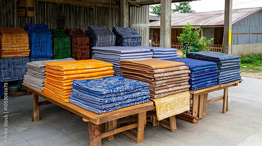 Aufkleber vibrant collection of textiles showcasing colorful stacks of fabric in a textile workshop setting