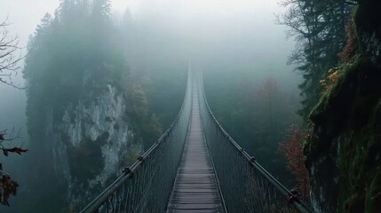 Obraz premium Suspension bridge surrounded by dense forest in thick fog. Nature landscape photography. Misty atmosphere and adventure concept.