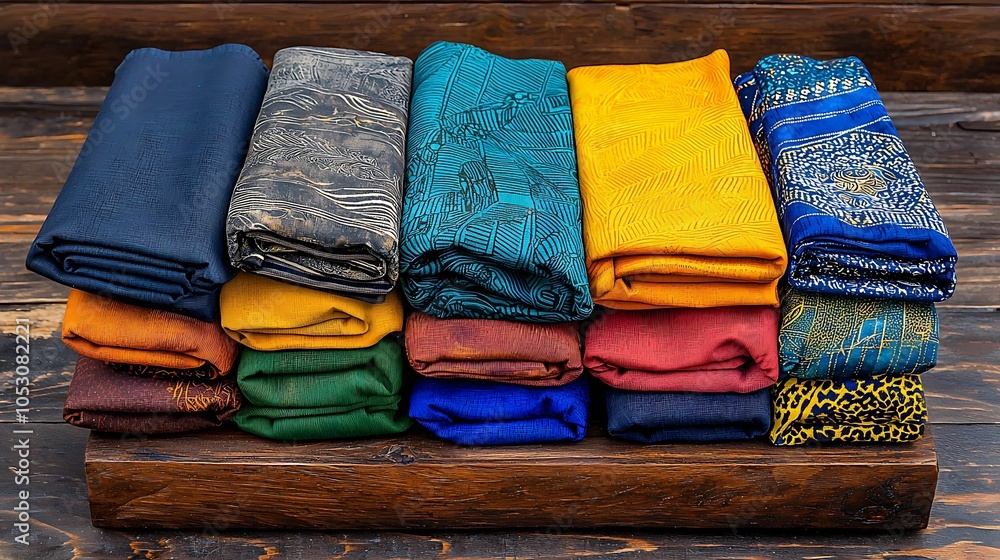 Poster vibrant textiles display a colorful array of folded fabrics showcasing traditional patterns and styl
