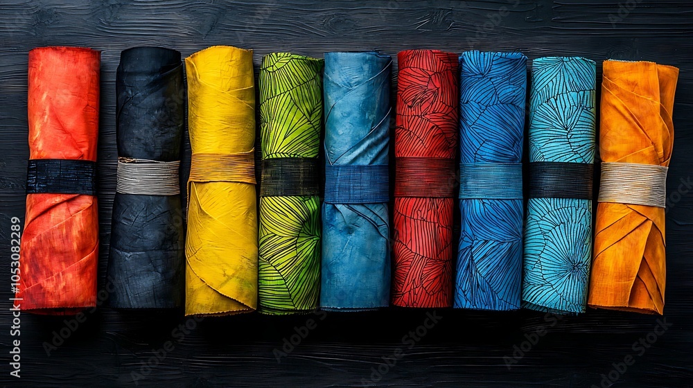 Poster vibrant rolls of handcrafted fabrics showcasing a spectrum of colors and intricate patterns in creat