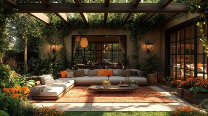 Cozy outdoor living space with seating, plants, and decor.