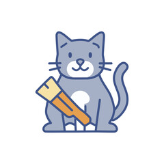 Cute cat with brush flat line icon. Blue kitten vector illustration.