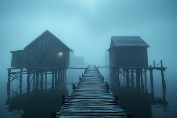 Foggy Abandoned Harbor Village with Wooden Pier.generative AI

