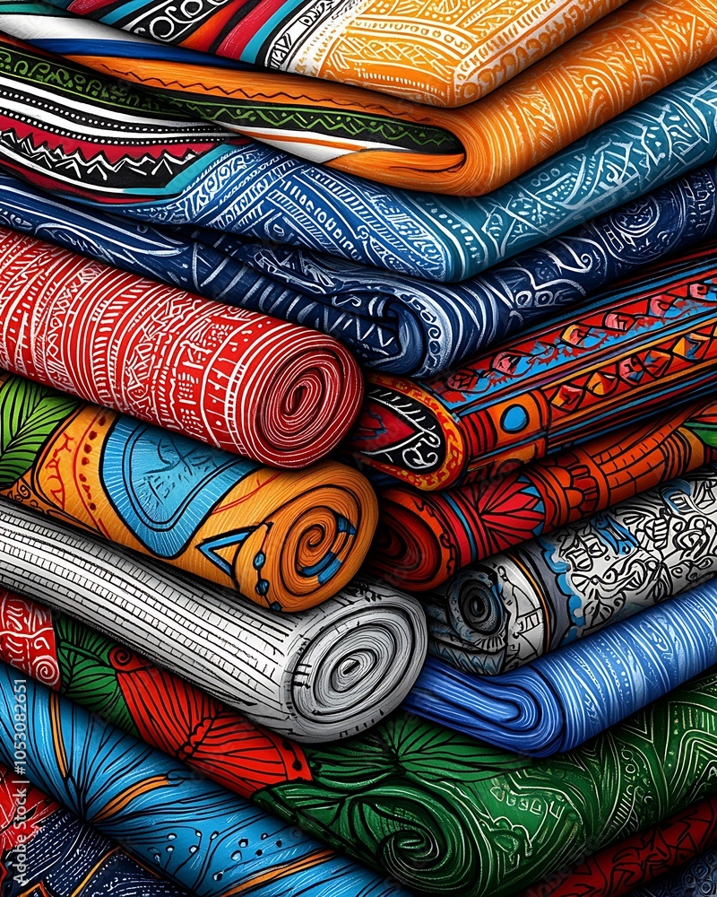 Poster vibrant patterns and colors of rolled fabrics showcasing intricate designs and textures for creative