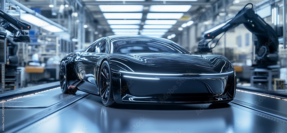 Poster A sleek black car on a factory assembly line with a robotic arm in the background.