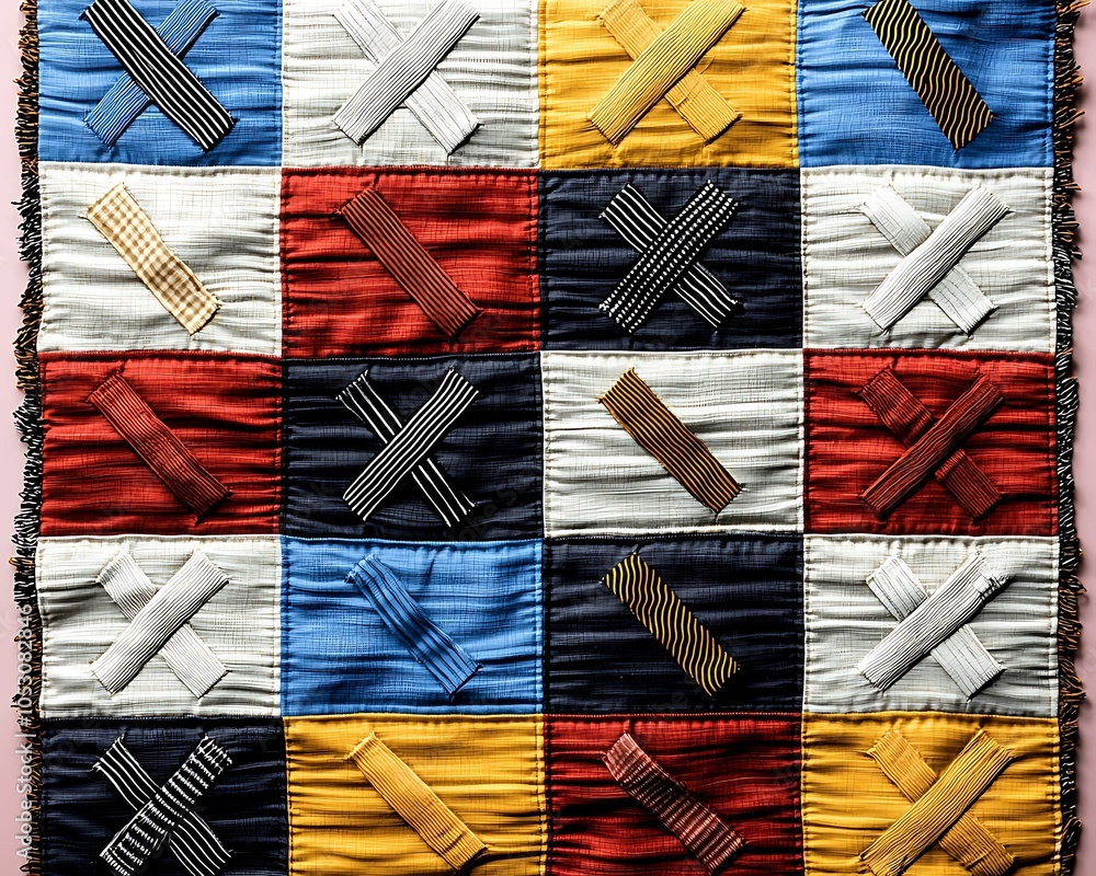 Aufkleber vibrant patchwork fabric design featuring unique textures and patterns in a colorful composition