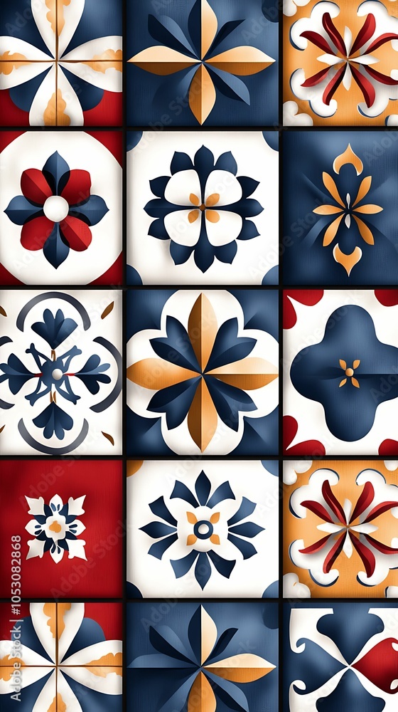 Aufkleber intricate geometric patterns in red white and navy a visual exploration of decorative tile designs a