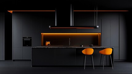 Dark Elegance Kitchen Design: Modern black kitchen interior with orange accents and sleek lighting.  A sophisticated and stylish space, perfect for modern home design inspiration. 