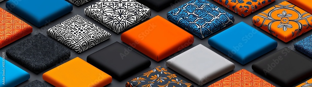 Poster a vibrant collection of decorative tiles showcasing unique patterns and textures in bold colors for 