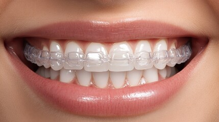 Obraz premium A close-up of a smiling person wearing clear aligners, showcasing straight, white teeth and healthy gums.