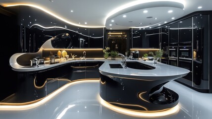 Sleek modern kitchen with glossy surfaces and ambient lighting.