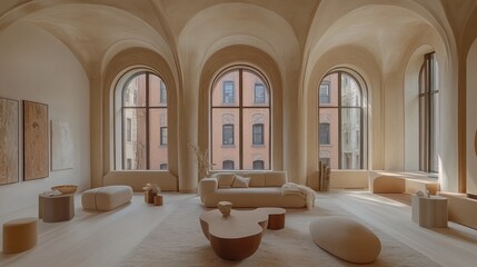 Modern Living Room with Arched Windows and Neutral Decor