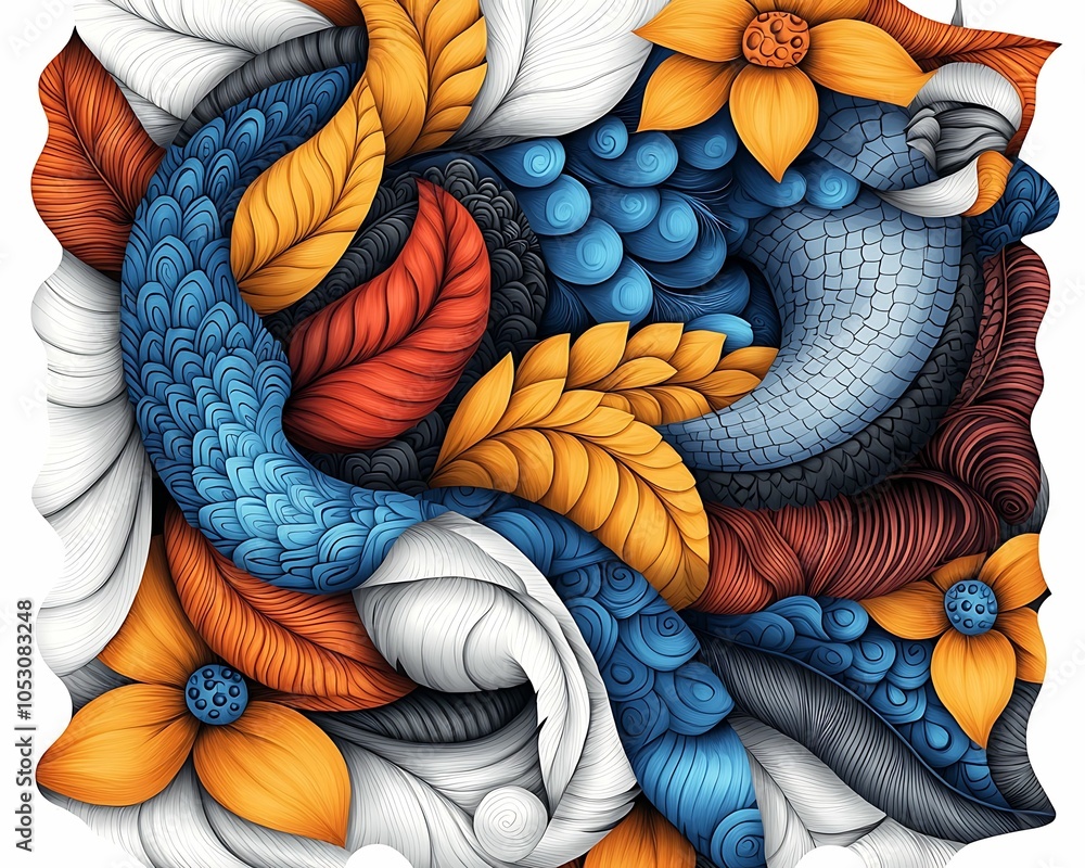 Poster intricate and vibrant abstract design featuring flowing lines colorful flowers and whimsical element