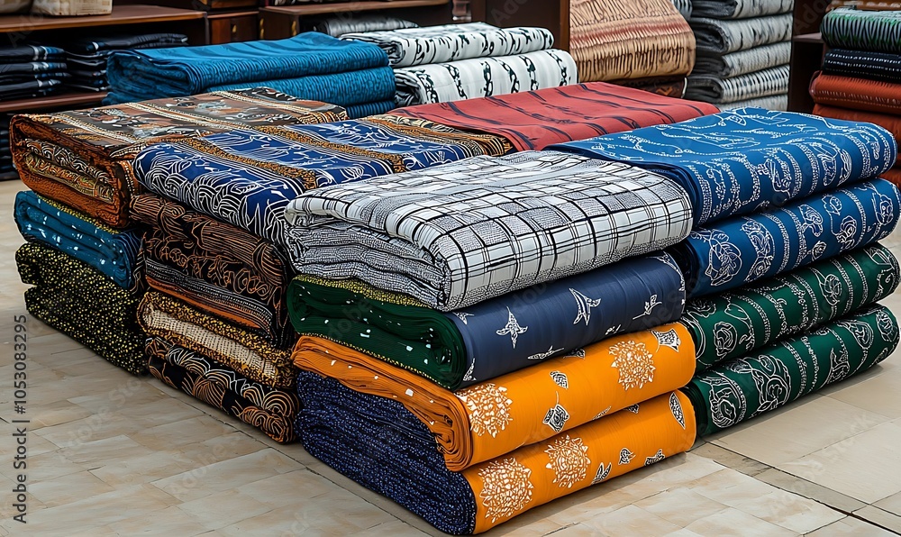 Aufkleber vibrant textiles displayed in neatly stacked rolls showcasing diverse patterns and colors for home d