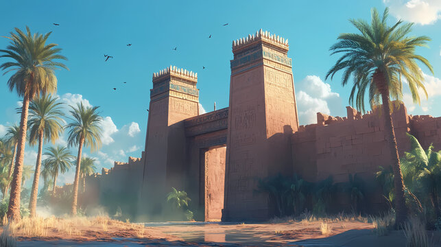 The ancient babylonian ishtar gate: a reconstruction of a city entrance. generative ai. Ancient Babylonian City. Illustration