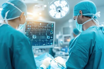 Medical professionals monitor vital signs on a screen during a surgical procedure in a modern operating room.