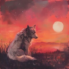 Obraz premium A lone wolf sits against a backdrop of a fiery sunset and a bright moon